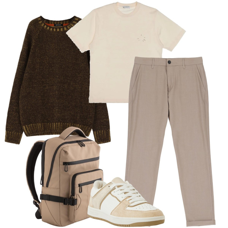 Outfit uomo - Color tortora. Stile Casual per Ufficio. Abbinamento con sneakers, maglieria, pantaloni, t-shirt, borse sportive.