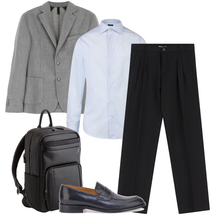 Outfit uomo - In ufficio. Stile Business/Elegante per Ufficio. Abbinamento con giacche, pantaloni, scarpe stringate, camicie, borse sportive.