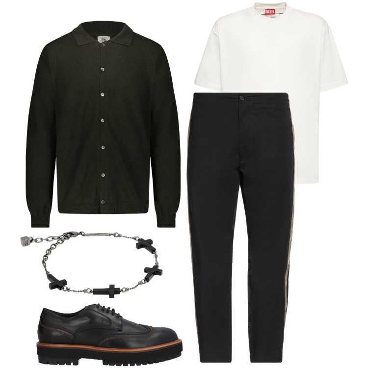 Outfit uomo - Stasera con la t-shirt. Stile Trendy per Serata speciale. Abbinamento con scarpe stringate, braccialetti, pantaloni, polo, t-shirt.