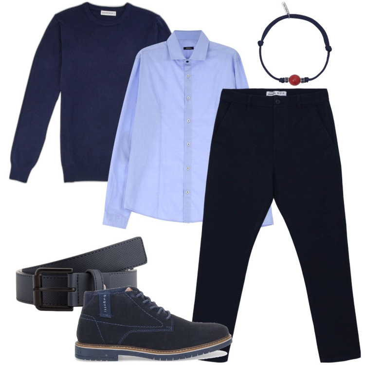 Outfit uomo - Stasera in blu. Stile Business/Elegante per Serata speciale. Abbinamento con pantaloni chino, braccialetti, camicie, scarpe stringate, pullovers, cinture.