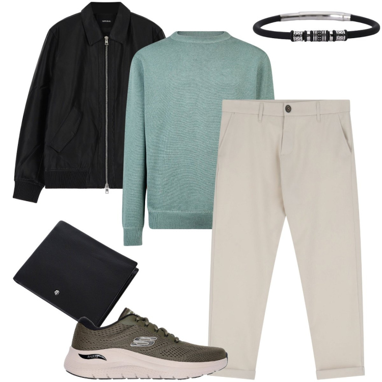 Outfit uomo - Il giubbotto nero. Stile Urban per Tutti i giorni. Abbinamento con braccialetti, pantaloni chino, giacche, portafogli, sneakers, maglieria.