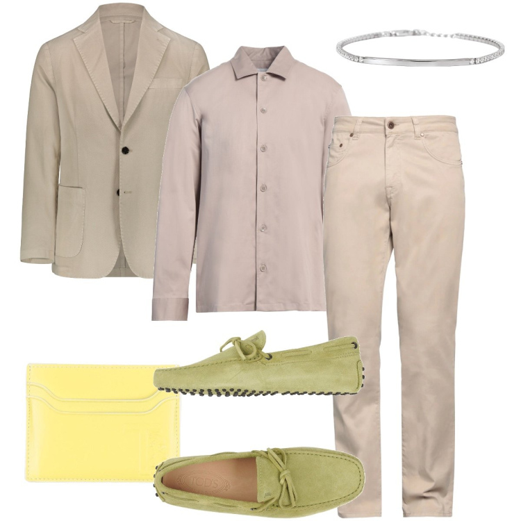 Outfit uomo - Non solo neutro. Stile Trendy per Ufficio. Abbinamento con portafogli, camicie, pantaloni, scarpe stringate, braccialetti, giacche.