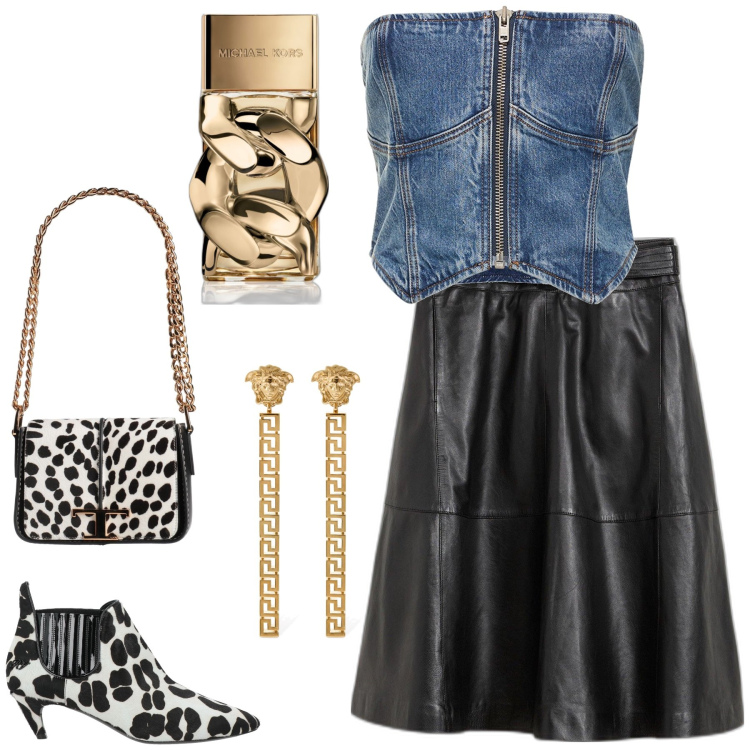 Outfit donna - 101 dalmata. Stile Casual chic per Serata fuori. Abbinamento con gonne, borse a spalla, stivaletti, profumi, orecchini, top.