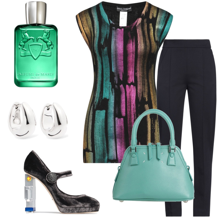 Outfit donna - Crazy green. Stile Chic per Serata fuori. Abbinamento con pullovers, borse a mano, décolleté, pantaloni, profumi, orecchini.