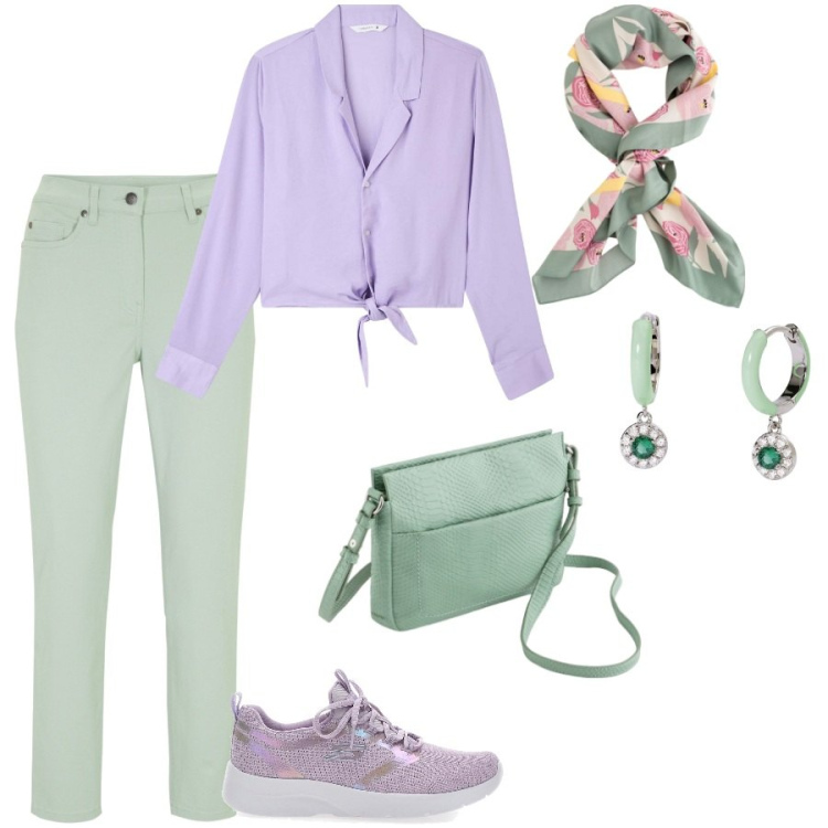 Outfit donna - Color menta verde. Stile Casual chic per Tutti i giorni. Abbinamento con pantaloni, camicie, orecchini, sneakers, borse a tracolla, foulard.