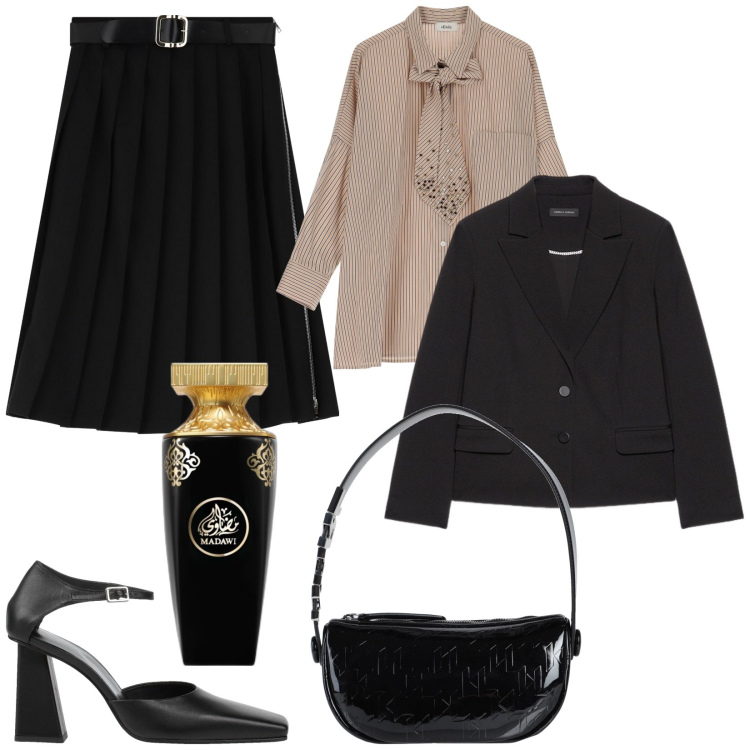 Outfit donna - Gonna midi per la primavera. Stile Trendy per Serata fuori. Abbinamento con décolleté, borse a mano, profumi, gonne longuette, camicie, blazer.