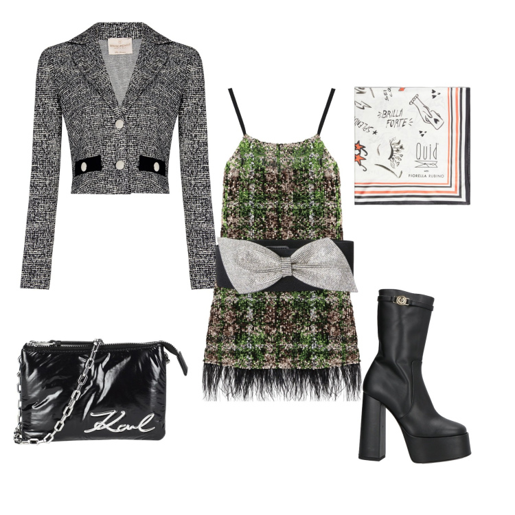 Outfit donna - Serata rock. Stile Rock per Serata fuori. Abbinamento con borse a mano, stivaletti, blazer, vestiti, cinture, foulard.