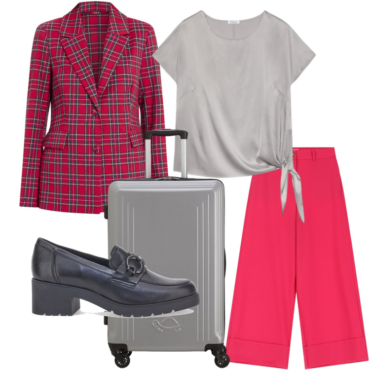 Outfit donna - Weekend in viaggio. Stile Glamour per Tutti i giorni. Abbinamento con blazer, pantaloni a palazzo, bluse, mocassini, valigie.