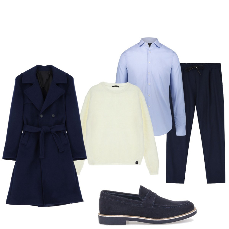Outfit uomo - Il trench blu per una giornata piovosa. Stile Trendy per Ufficio. Abbinamento con pantaloni, cappotti, maglieria, camicie, scarpe stringate.