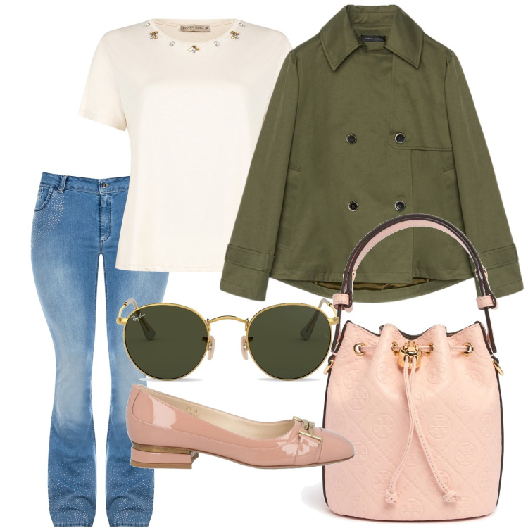Outfit donna - Il trench verde oliva. Stile Casual per Ufficio. Abbinamento con ballerine, jeans a zampa, t-shirt, trench, occhiali da sole, borse a secchiello.