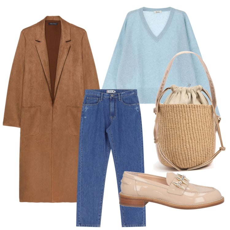 Outfit donna - Il trench inconfondibile. Stile Glamour per Ufficio. Abbinamento con mocassini, jeans dritti, pullovers, trench, borse a mano.