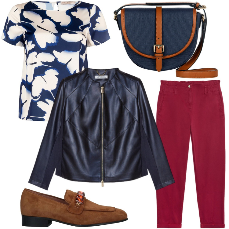 Outfit donna - La blusa curvy floreale. Stile Casual per Ufficio. Abbinamento con mocassini, borse a tracolla, bluse, pantaloni, blazer.