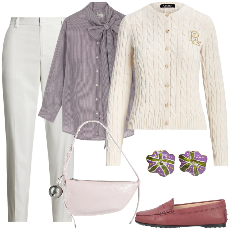 Outfit donna - Chic e moderno. Stile Casual chic per Serata fuori. Abbinamento con orecchini, borse a mano, mocassini, camicie, cardigans, pantaloni.
