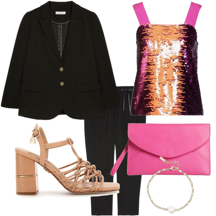 Outfit donna - Il top chic. Stile Chic per Serata fuori. Abbinamento con top, borse a mano, braccialetti, pantaloni, blazer, sandali col tacco.