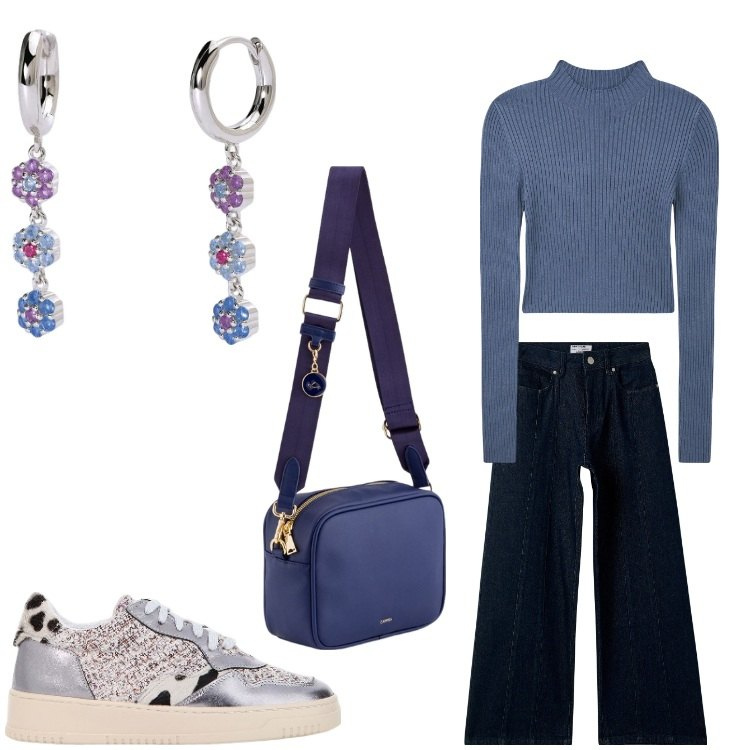 Outfit donna - Blu e fiori a primavera. Stile Sporty chic per Tutti i giorni. Abbinamento con jeans, maglieria, orecchini, sneakers, borse a tracolla.