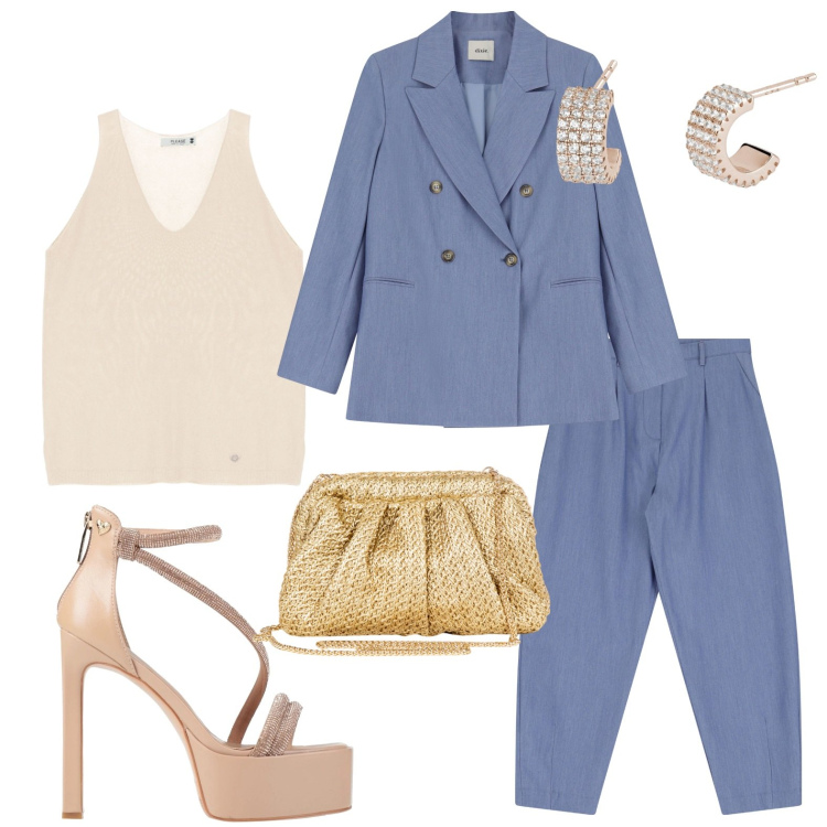 Outfit donna - Blazer azzurro cielo. Stile Chic per Cerimonia. Abbinamento con sandali col tacco, orecchini, top, clutch, blazer, pantaloni.