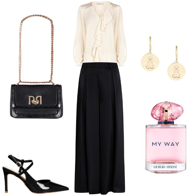 Outfit donna - Myself first. Stile Chic Abbinamento con profumi, pantaloni a palazzo, borse a tracolla, camicie, décolleté, orecchini.