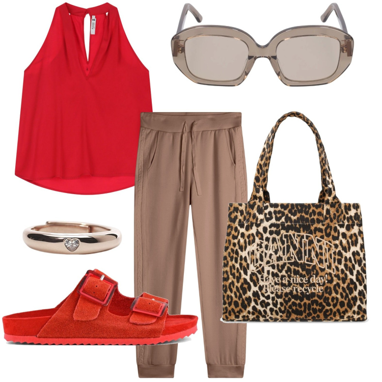 Outfit donna - Fashion weekend. Stile Casual per Tutti i giorni. Abbinamento con anelli, top, pantaloni, sandali, occhiali da sole, shopping bag.