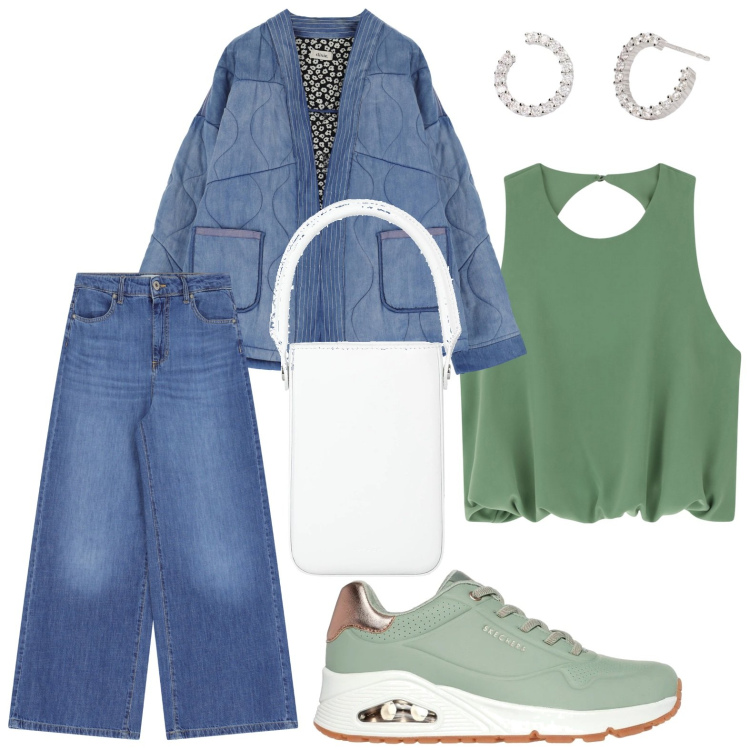 Outfit donna - Voglia di uscire in denim. Stile Bon Ton per Tutti i giorni. Abbinamento con borse a mano, orecchini, top, blazer, pantaloni a palazzo, sneakers.