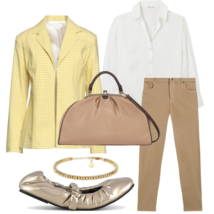 Outfit donna - La giacca che ammalia. Stile Casual per Ufficio. Abbinamento con blazer, camicie, pantaloni skinny, braccialetti, ballerine, borse a spalla.