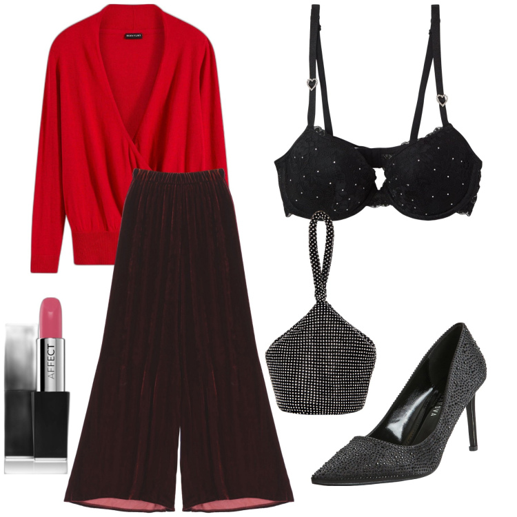 Outfit donna - Accessori brillanti. Stile Glamour per Serata fuori. Abbinamento con maglieria, rossetti, décolleté, reggiseni push-up, pochette, pantaloni.