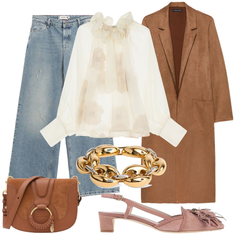 Outfit donna - Boho chic. Stile Boho per Tutti i giorni. Abbinamento con décolleté, borse a tracolla, jeans, bluse, trench, braccialetti.