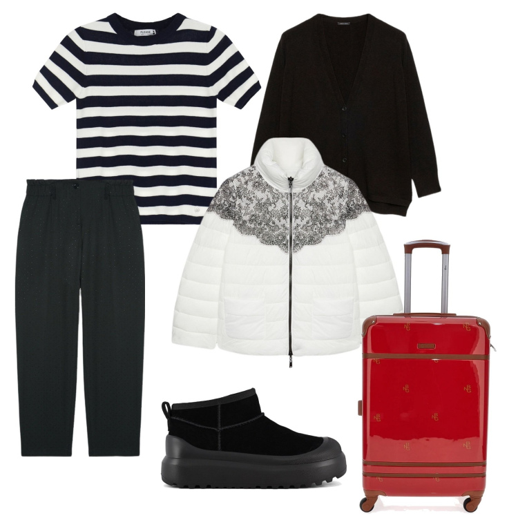 Outfit donna - Si parte per la montagna. per Tutti i giorni. Abbinamento con maglieria, stivali, cardigans, piumini, pantaloni, valigie.