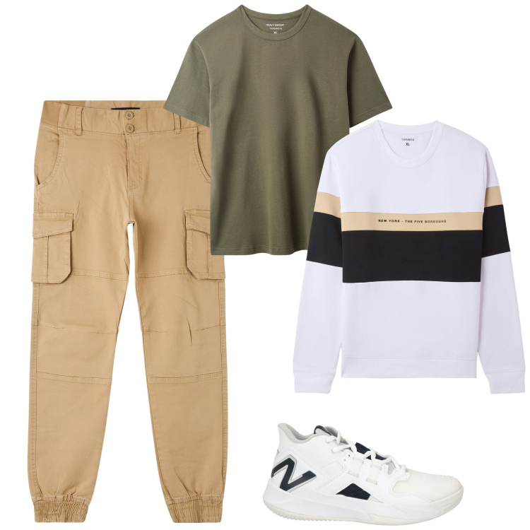 Outfit uomo - City. Stile Casual per Tutti i giorni. Abbinamento con sneakers, t-shirt, felpe con cappuccio, pantaloni cargo.