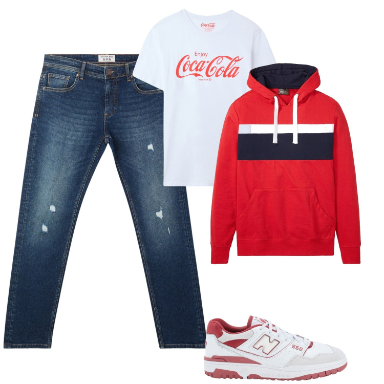 Outfit uomo - City. Stile Casual per Tutti i giorni. Abbinamento con felpe con cappuccio, sneakers, t-shirt, jeans strappati.