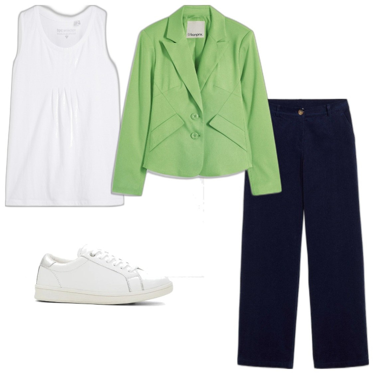 Outfit donna - Giacca verde. Stile Casual chic per Ufficio. Abbinamento con top, sneakers, blazer, pantaloni.