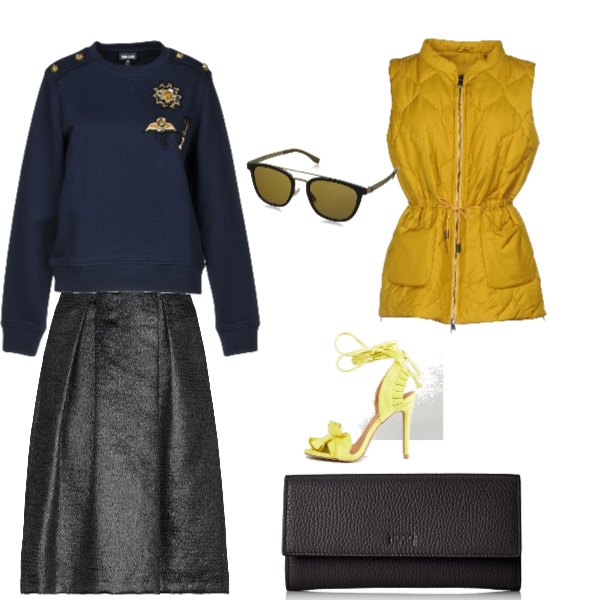 Outfit donna - Trendy #28175. Stile Trendy per Tutti i giorni. look ideale per Petite. Abbinamento con gonna taglia media, piumino collo tondo con zip interno imbottito in tessuto tecnico tinta unita, sandali con volant.