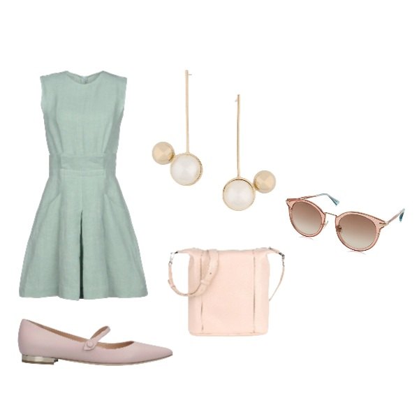Outfit donna - Bon Ton #14254. Stile Bon Ton per Tutti i giorni. look ideale per Petite. Abbinamento con orecchini con perle e farfallina in ottone, borsa a tracolla in pelle martellata con zip tinta unita.