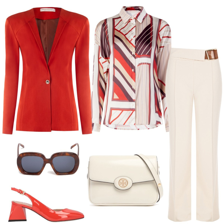 Outfit donna - Ufficio. Stile Chic per Ufficio. Abbinamento con décolleté, camicie, pantaloni, blazer, borse a spalla, occhiali da sole.