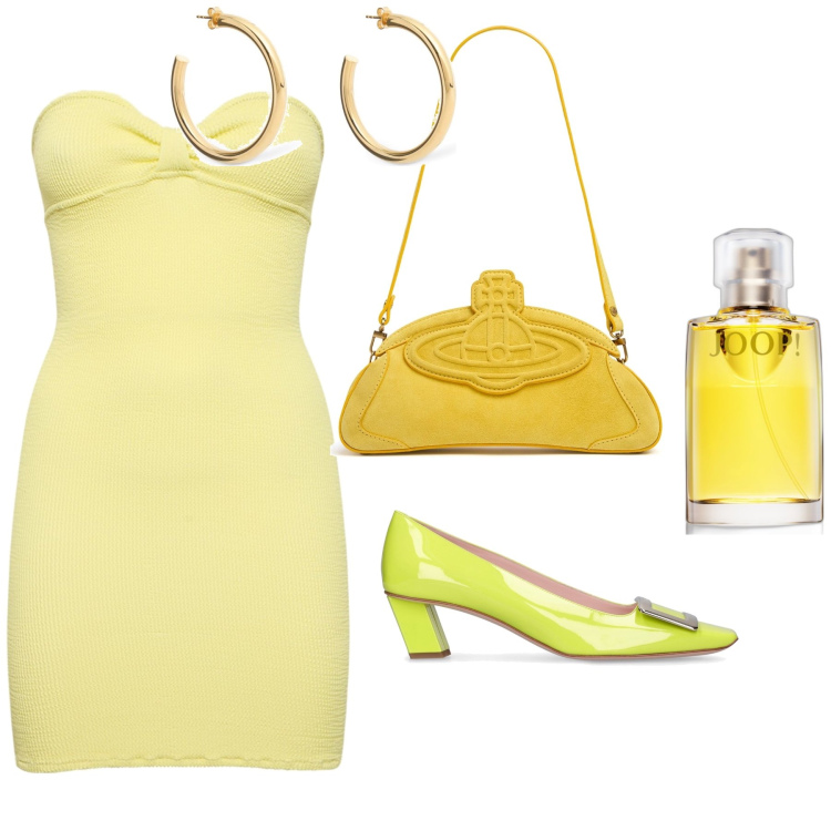 Outfit donna - Sfumature di giallo. Stile Glamour per Serata fuori. Abbinamento con profumi, vestiti, orecchini, clutch, décolleté.