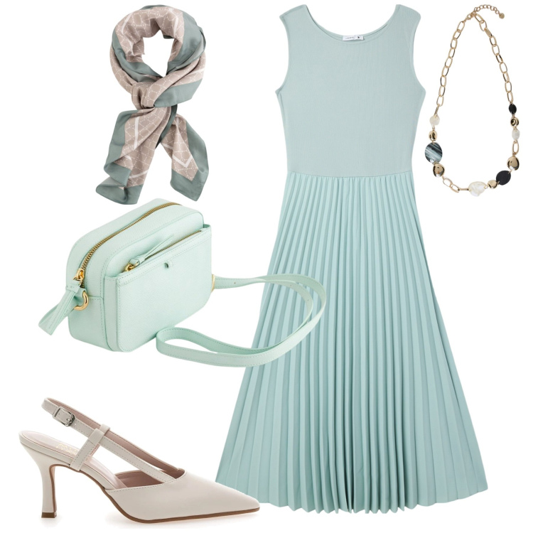 Outfit donna - Plissè nei toni freschi. Stile Minimal per Tutti i giorni. Abbinamento con vestiti lunghi, décolleté, collane, borse a tracolla, foulard.