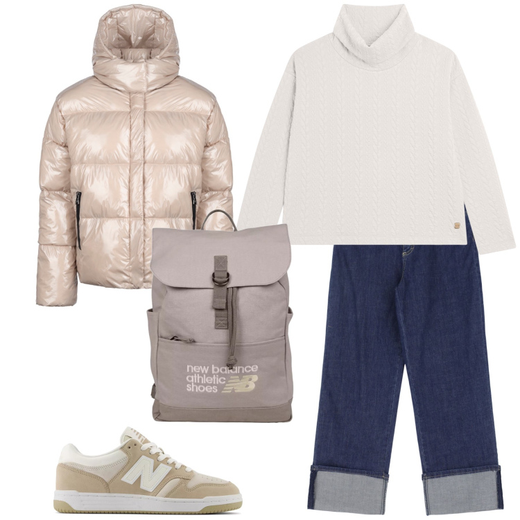 Outfit donna - Ancora inverno. Stile Sporty chic per Tutti i giorni. Abbinamento con zaini, sneakers, jeans, maglieria, blazer.