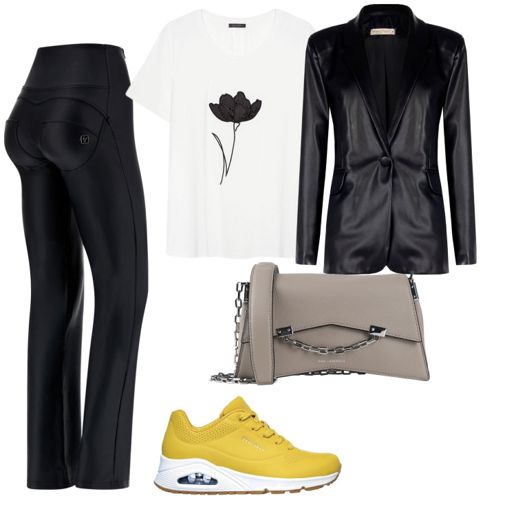 Outfit donna - Auguri a noi donne. per Serata fuori. Abbinamento con borse a tracolla, blazer, pantaloni, sneakers, t-shirt.