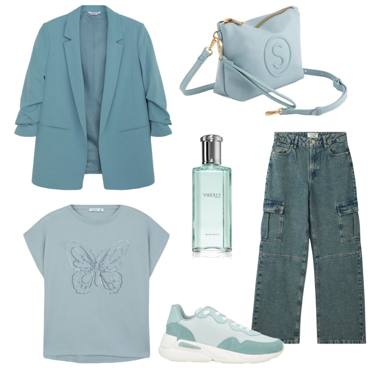 Outfit donna - Colori primaverili. Stile Casual chic per Ufficio. Abbinamento con sneakers, profumi, t-shirt, jeans, blazer, valigie.