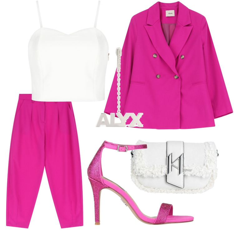 Outfit donna - Cerimonia in fuxia. Stile Chic per Cerimonia. Abbinamento con sandali col tacco, borse a spalla, top, blazer, pantaloni, orecchini.