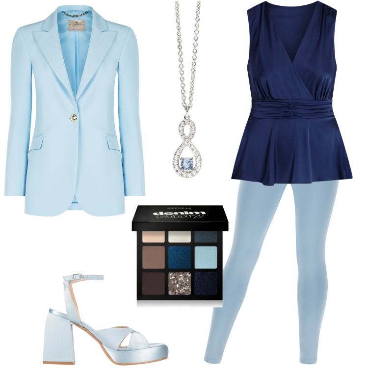 Outfit donna - Pantaloni skinny per una serata. Stile Chic per Serata fuori. Abbinamento con sandali in pelle, ombretti, ciondoli, blazer, top, pantaloni skinny.