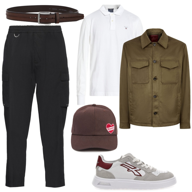 Outfit uomo - Sportivo. Stile Casual per Tutti i giorni. Abbinamento con pantaloni cargo, polo, cinture, sneakers, giacche, cappelli.