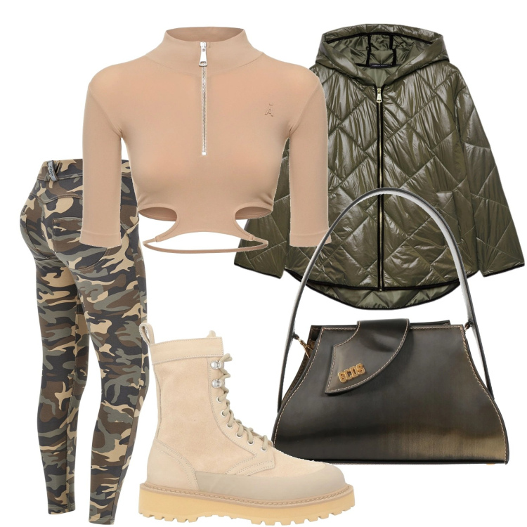 Outfit donna - Pantaloni push up. Stile Military per Tutti i giorni. Abbinamento con borse a mano, stivaletti, pantaloni skinny, top, piumini.