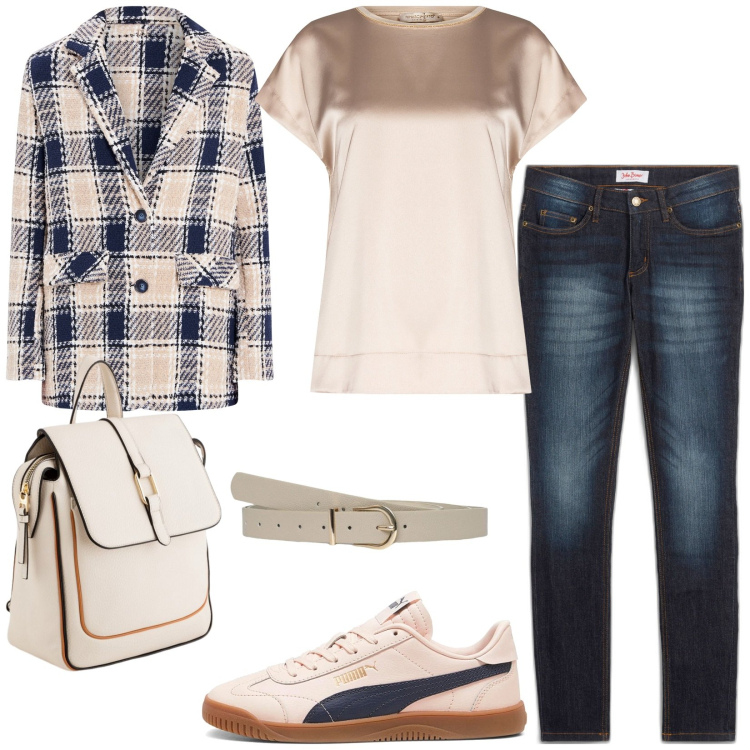 Outfit donna - Total look #2078840. Stile Casual per Tutti i giorni. Abbinamento con jeans skinny, cinture, bluse, cappotti, sneakers, zaini.