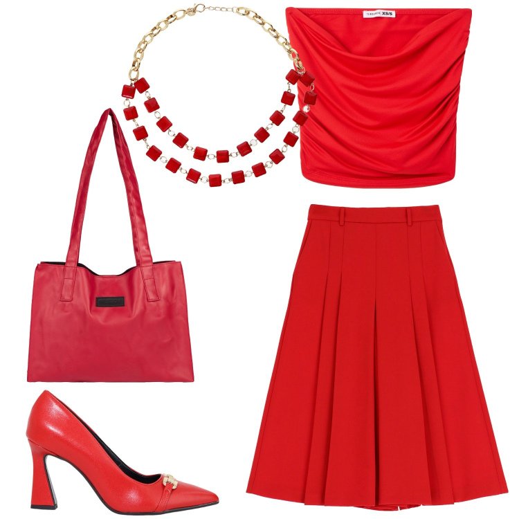 Outfit donna - Red spring. Stile Casual per Tutti i giorni. Abbinamento con top, collane, pantaloni, décolleté, shopping bag.
