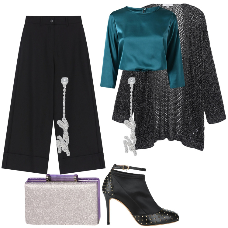 Outfit donna - Una Blusa Verde Reale. Stile Vintage retrò per Serata fuori. Abbinamento con stivaletti, orecchini, pantaloni a palazzo, kimono, bluse, pochette.