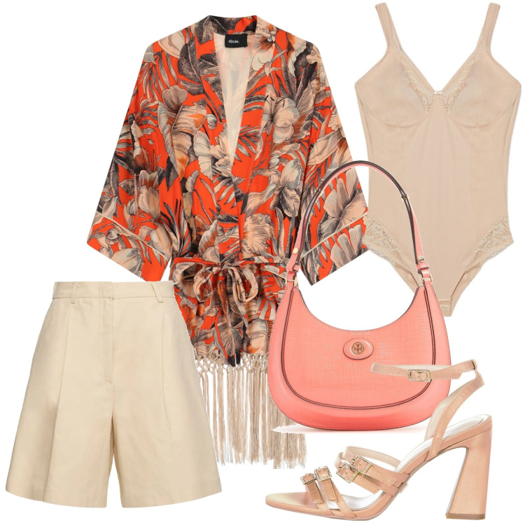 Outfit donna - Kimono floreale. Stile Glamour per Serata fuori. Abbinamento con kimono, sandali col tacco, body, borse a spalla, shorts.