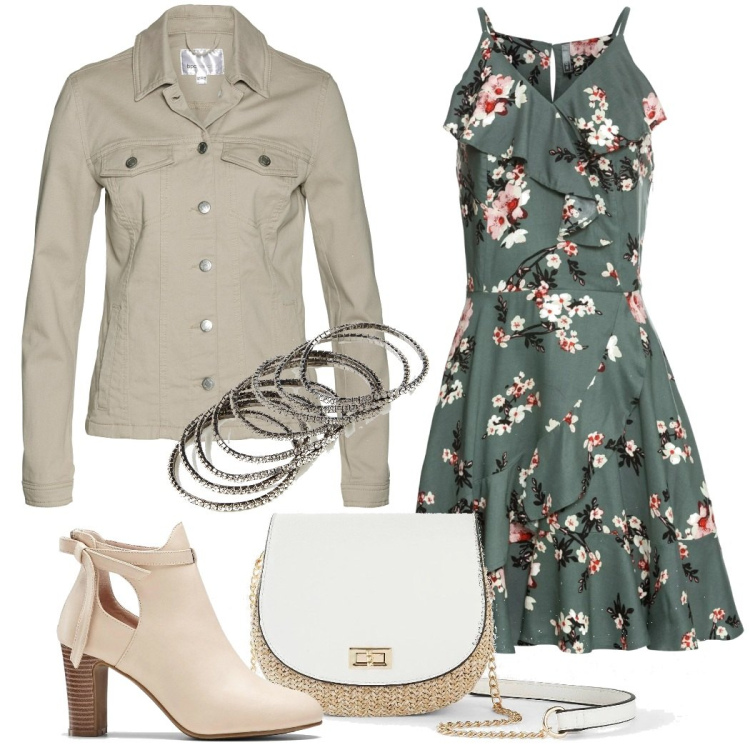 Outfit donna - La primavera sull\'abito fiorito. Stile Casual chic per Tutti i giorni. Abbinamento con vestiti, blazer, stivaletti, borse a tracolla, braccialetti.