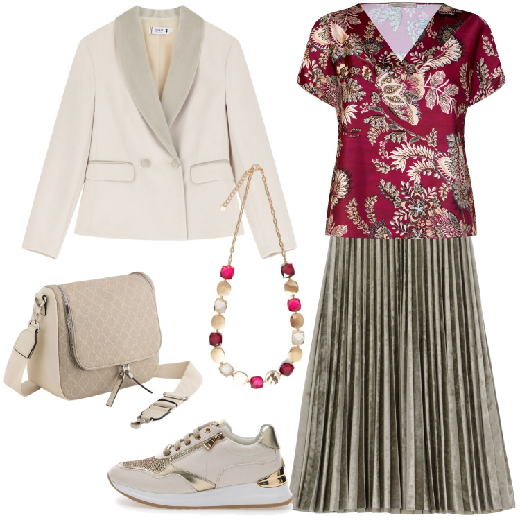 Outfit donna - Gonna midi plissé a primavera. Stile Sporty chic per Serata fuori. Abbinamento con blazer, top, gonne longuette, sneakers, collane, borse a tracolla.