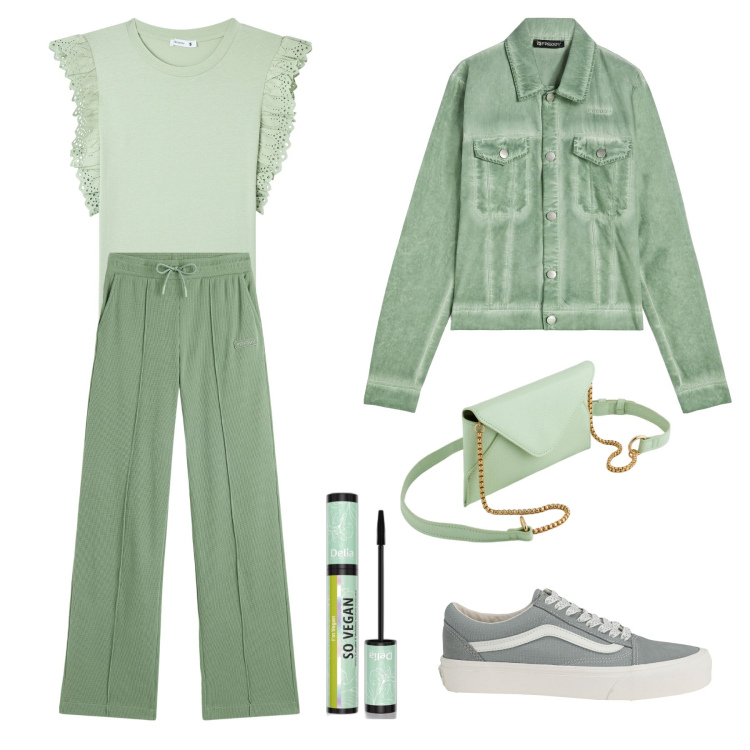 Outfit donna - Outfit pratico in verde. Stile Casual per Tutti i giorni. Abbinamento con sneakers, mascara, t-shirt, blazer, pantaloni, pochette.