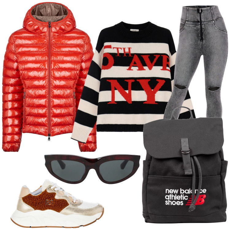 Outfit donna - Total look #2078861. Stile Casual Abbinamento con occhiali da sole, zaini, sneakers, jeans skinny, maglieria, blazer.